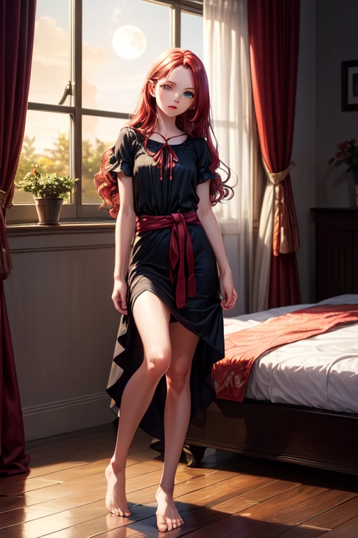 femele、(Orange hair)、(shorth hair)、(Turquoise eyes)、a miniskirt、gothic lorita、(Black lace shorts)、thick thight、Blushing face、Posture with open legs、Black bed、Cinematographic lighting、Sweaty face、embarrassed from