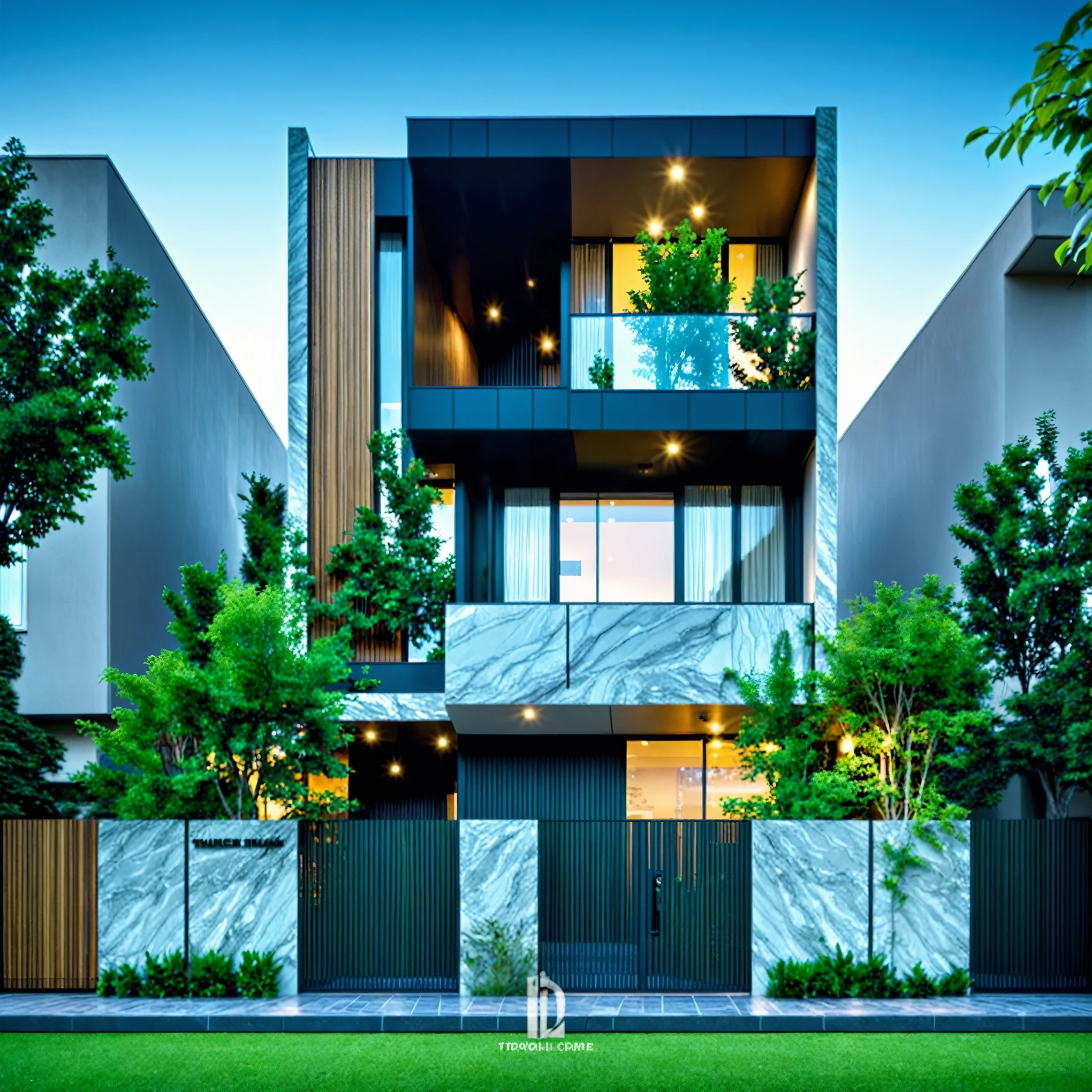 The house in the photo has a modern design with a vertical structure and uses dark materials.. The highlight is the green areas on the floors., create a feeling of closeness to nature. The gate and facade are both exquisitely designed., create harmony and elegance for the whole.