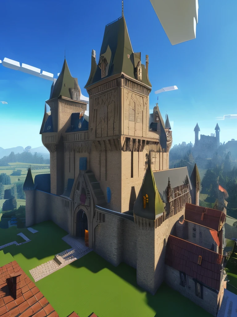 there is a large yellow building with a red roof on a hill, a medieval keep, custom modern castle, fancy medieval architecture, minecraft build, fantasy building, very detailed medieval, medieval castle, gothic baroque citadel, very far royal steampunk castle, medieval house, epic castle with tall spires, a medieval castle, gothic castle, victorian castle, an extremely detailed building