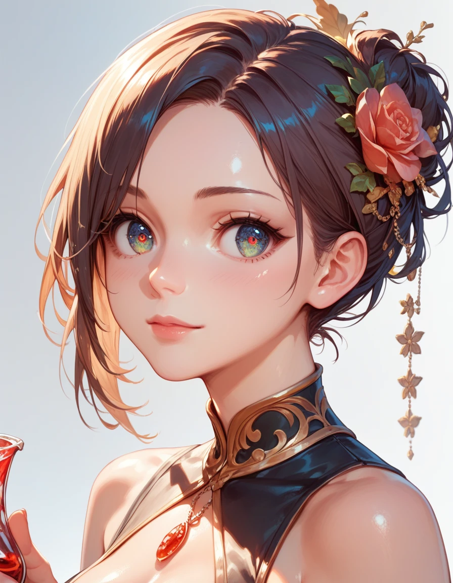 pretty girl, (Brown Hair), ((very bun hair)), Perfect Face, An innocent smile, Upper Body,(Cerulean Eyes), (yan), (small), (thin), ((Flat Chest)), ((Only 16)), Skin Dentition, Attention to detail, Attractive oval face, Red lips, pink, Shiny skin, Fine hair, Face Focus, Chest close-up, Gorgeous hair ornament, Gold earrings, ((1 Girl)), Embarrassed expression,