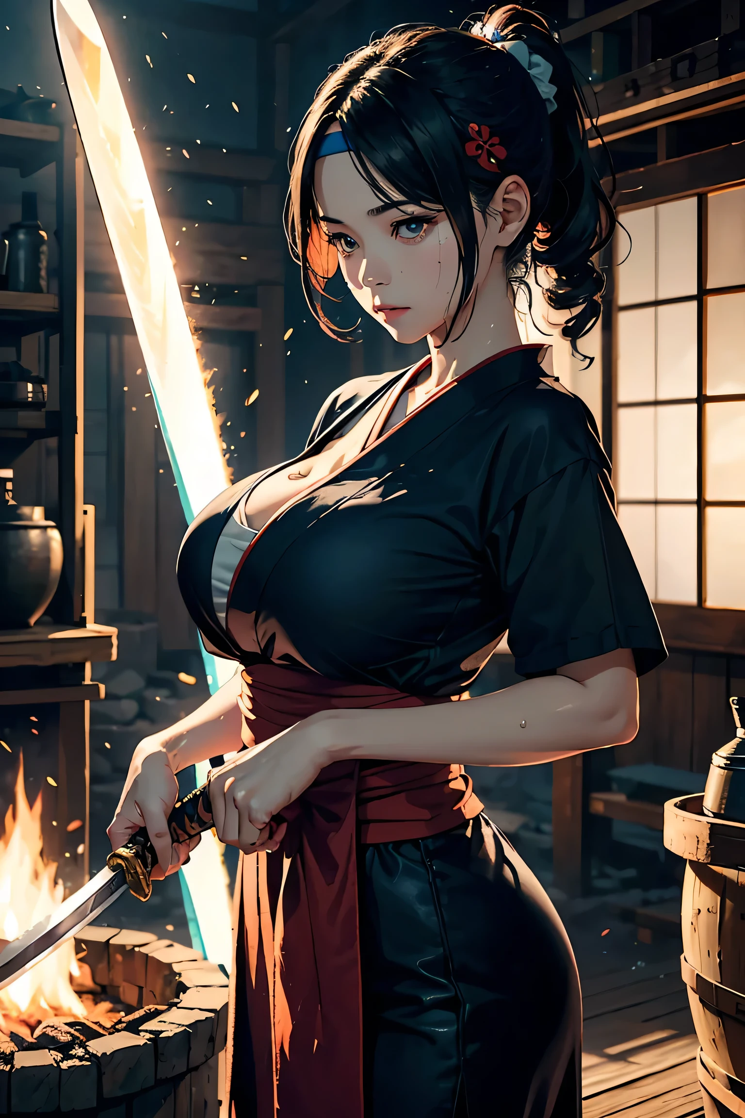 asagi,mature female,large breasts,messy hair style,wavy long hair,blue hair, hair between eyes, purple eyes,cleavage,(short karate gi,:1.2),(no bra,underboob:1.1),(no pants,micro panties:1.2),(sweat gleaming skin:1.1), outdoors,sunlight, spotlight effect,bright sky, blue sky with clouds,strong wind, (old castle),(highres, high quality:1.1), intricate details, cinematic lighting, 1girl,(angry),dynamic fighting pose,(fighting stance, kung fu, kung hu pose, kung fu action, dynamic angle, battle, The girl is attacking at great speed, high speed action, the girl is moving at great speed, afterimage:1.3),dynamic angle,from below,cameltoe,show off panties,nipple