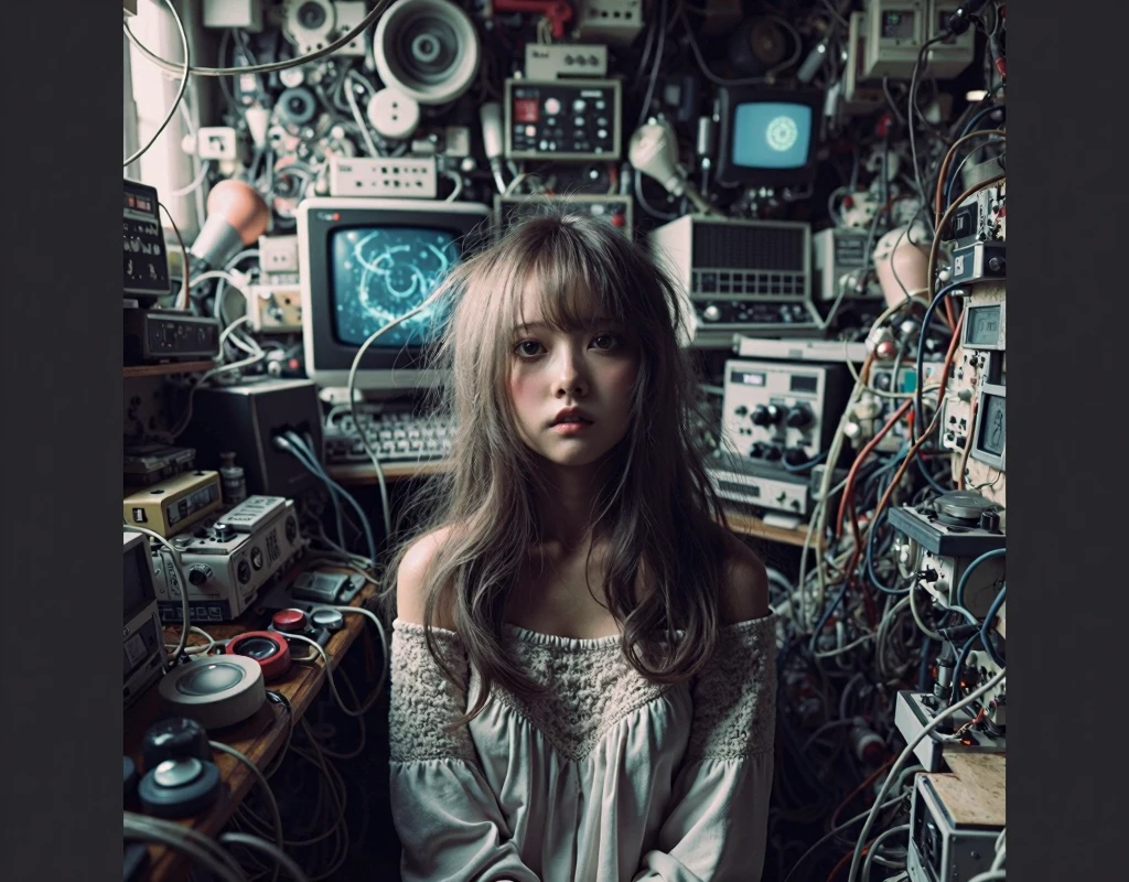 (best quality), portrait of,(beautiful),(sleeping),European girl,((lying)+being surrounded by+x20,((trash heap+trash can:0.5)+wires+hook),(gritty),), in a(n) [urban environment+nighttime scenery], with emphasis on (messy hair+peaceful expression)