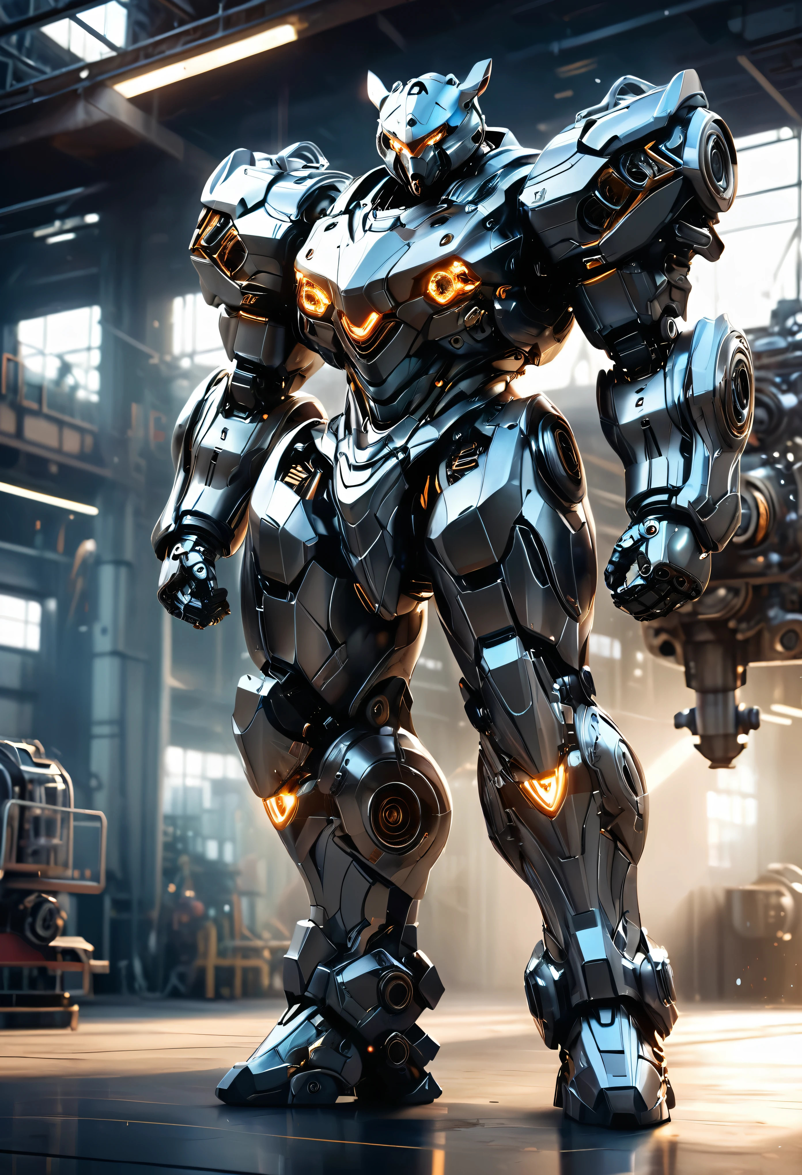 1 black mecha bear, highly detailed, hyper realistic, many brown armor, cinematic lighting, photorealistic, 8k, best quality, intricate gears and machinery, powerful pose, glowing eyes, shiny metallic surfaces, dramatic shadows, depth of field, elegant design, dynamic composition, full body