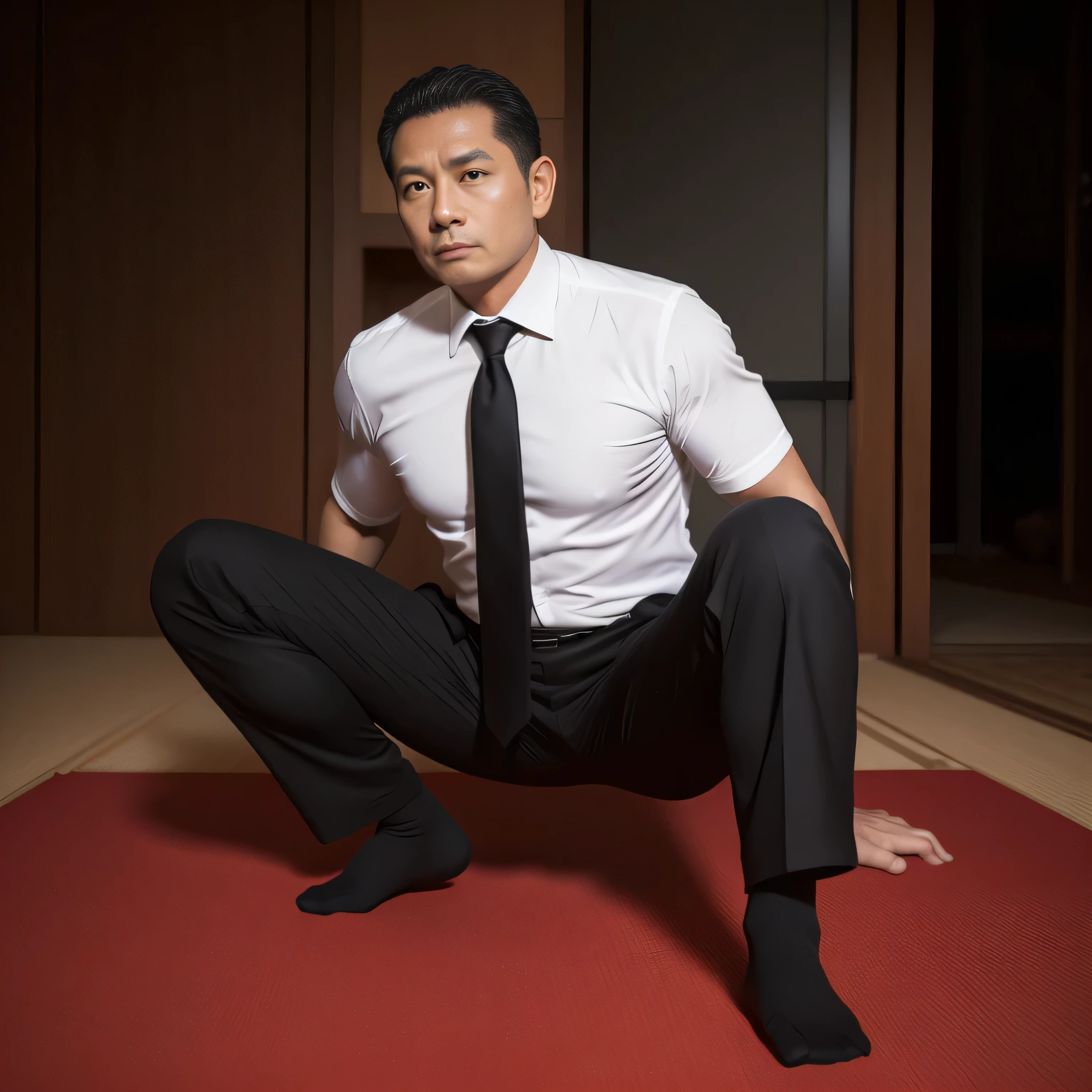 50yearsold,Hidetoshi Nakata ,(Kogoro Mouri 1.3),Naked upper body,Tong,Bulge,office room,sitted,black long socks,Thin,musculature,lbeard,fortitude,artwork of a,tmasterpiece,k hd,tightsuit