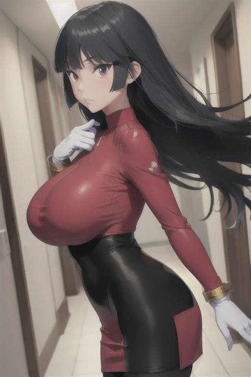 masterpiece, best quality, 1girl, frlgsabrina, blunt bangs, very long hair, black hair, black bodysuit, red crop top, red sleeves, red skirt, white gloves, black pantyhose, large breasts, looking at viewer, from side, hallway