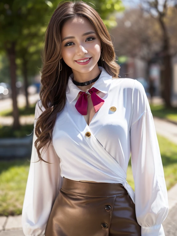 Half-length glamour portrait, nikon D850, f1.6 lens, 200mm, DSLR, 22 Megapixels, (((Walking along a beautiful street scene))), shot of a stunning 20 years old portuguese girl, (smile:1.4), (wearing Skirt suit with light brown pussy bow blouse:1.6), ((seductive pose)), hot girl, (((big natural breasts))), (((brown ponytail hair))), (small girl), symmetrical face, photorealistic, photography, (bright natural lighting), gorgeous, deep cleavage, (masterpiece), best quality, high resolution, extremely detailed, cinematic lighting, (((very narrow waist))), rich colors, hyper realistic, lifelike texture, ((jewelry)), (((She has beautiful hands and wears rings))), (bracelet), (necklace), (ankle chain), (nail polish) (earrings), Fuji Superia 200, 8k
