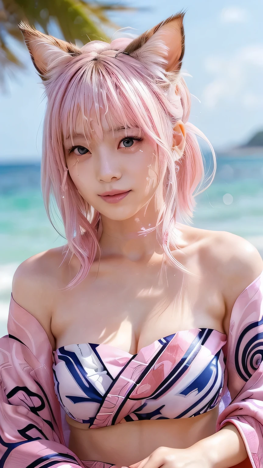 A girl, beach, coastline, wind , ((hibiscus earrings))), black, pink, gold, (((hibiscus))),(((frilled bikini))),natural daylight, best quality, masterpiece, illustration, an extremely delicate and beautiful, extremely detailed wallpaper, CG Unity wallpaper, extremely detailed, CG Unity, unit, 8k, incredible, with fine details, masterpiece, official art of the best quality 8k, CG Unity wallpaper absurd, absurd, incredibly absurd, size of huge, ultra-detailed, high-resolution, extremely detailed file, beautiful detailed girl, extremely detailed eyes and face, beautiful detailed eyes, (RAW photo, best quality), (realistic, photorealistic: 1.3), light on the face, full body, full body photo, ((face in the shape of a triangle)), (whitish pink hair: 1), long hair, (big and perfect eyes), ((puffy eyes)), ((small breasts)), (fantastic breasts)), (fantastic breasts)), (Idol of the Pop), (aegyo sal), bangs, thin, (posing), (smiling), happy, looking at the viewer, from front