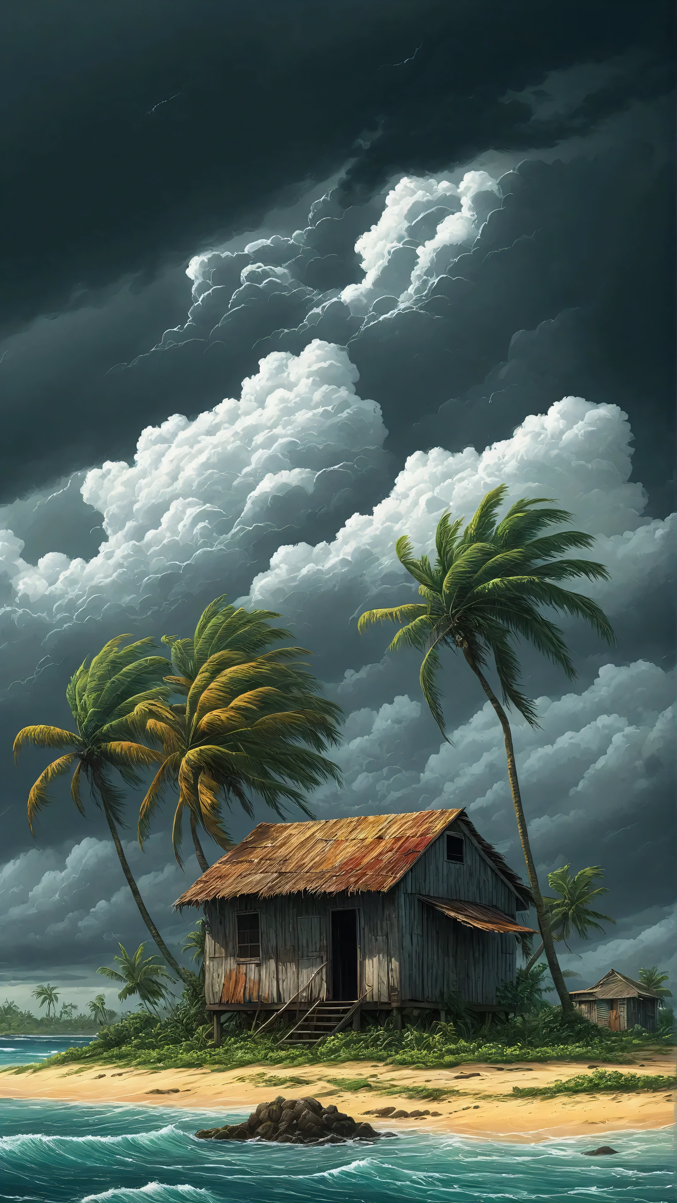 painting of a shack on a tropical island with palm trees, digital painting highly detailed, a beautiful artwork illustration, highly detailed digital painting, scenery artwork, cartoon moody scene, hurricane stromy clouds, by Max Dauthendey, very detailed digital painting, palm trees james gurney, stormy day, 4 k hd wallpaper illustration, stormy skies, stylised storm