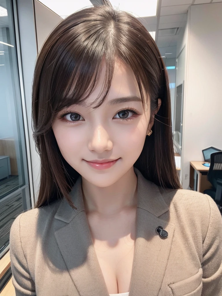 （8k，RAW photos，超高分辨率，best qualtiy，tmasterpiece：1.2），（photorealistic illustration），（the Extremely Detailed CG Unity 8K Wallpapers），absurderes，
1个Giant Breast Girl，21yo，beauitful face，huge tit，Black medium hair，ssmile，tilts your head，grin，The upper part of the body，Slim pants，Grey custom jacket，office room，The upper part of the body，乃木坂アイドル，女優，韓国アイドル