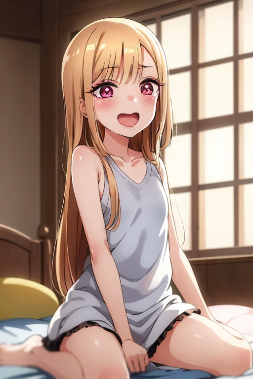 ((Best Quality)), ((masterpiece)), (be familiar with), Perfect Face, indoor, bedroom, Watching the audience,
One woman, Kitagawa Marin,
Open Mouth, Ecstatic expression, blush, smile,
Small breasts, Flat Chest, , , child, Girl,
Long Hair, Long Hair,
Leg spread,