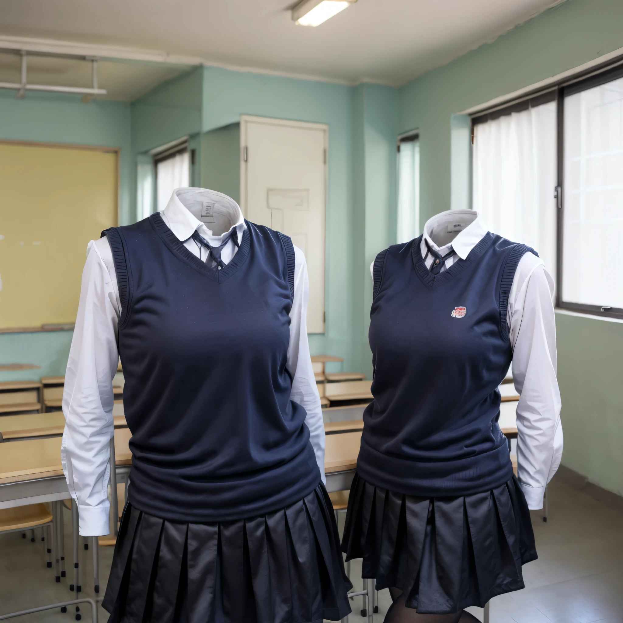 school uniform in Classroom, blazer, stripe tie, plaid skirt, chubby, fat, (invisible, no humans, headless, faceless:1.5), cute big breasts