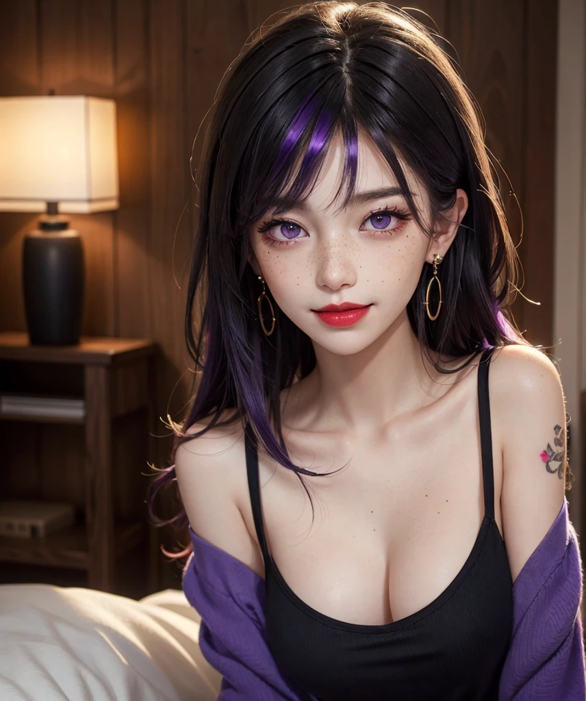 an asian woman, Gradient Long Hair PURPLE with WHITE, 3d artist, 3d model, in the style of realistic and hyper-detailed renderings, In different, Kind, anime-inspired characters, realistic portraiture, heist core, dragon core, dynamic and expressive animations --ar 3:4 --niji 5 --style expressive.