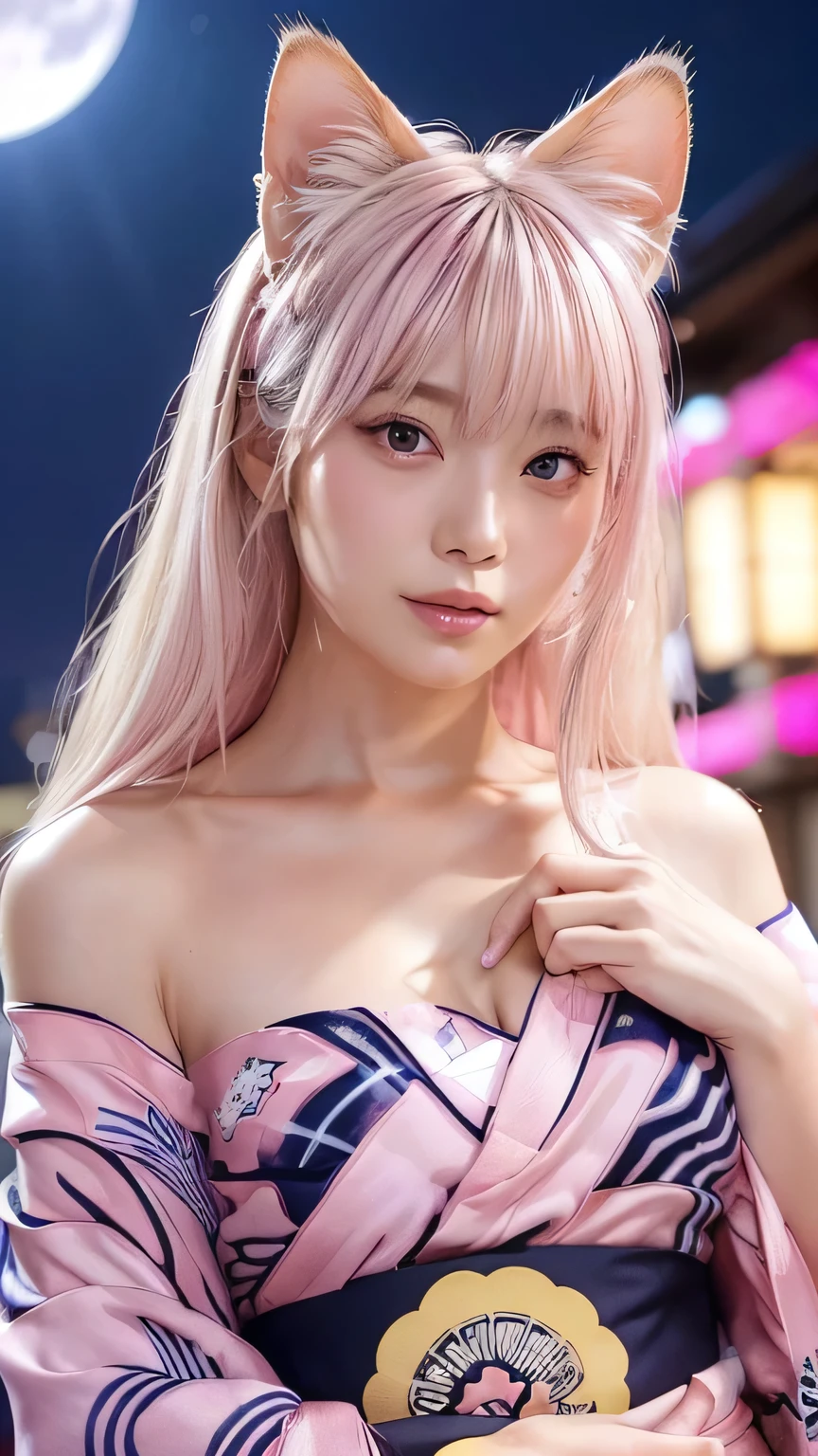 ( Masterpiece, highest quality), 98k, ((Perfect Anatomy:1.3)),Beautiful Japanese Women, Succubus,alone, 2, Small face,(Cute face:1.2), Small breasts、Larger breasts, ,Beautifully detailed round eyes, Evenly spaced eyes 1.2, Long platinum blonde hair,Random Hair, (Highly detailed face and skin texture), Beautiful face in golden proportions,White skin,(cat::1.2), (Pink Yukata:1.5), Random sexy poses, The background is the underworld、(Close-up of face:1.2)、Cat ears、kimono、Choker、Half Up、Off the shoulder、Night view、full moon、moonlight、dark、Night Sky、firework、Pink Hair、Very Long Hair、Sparkly Background