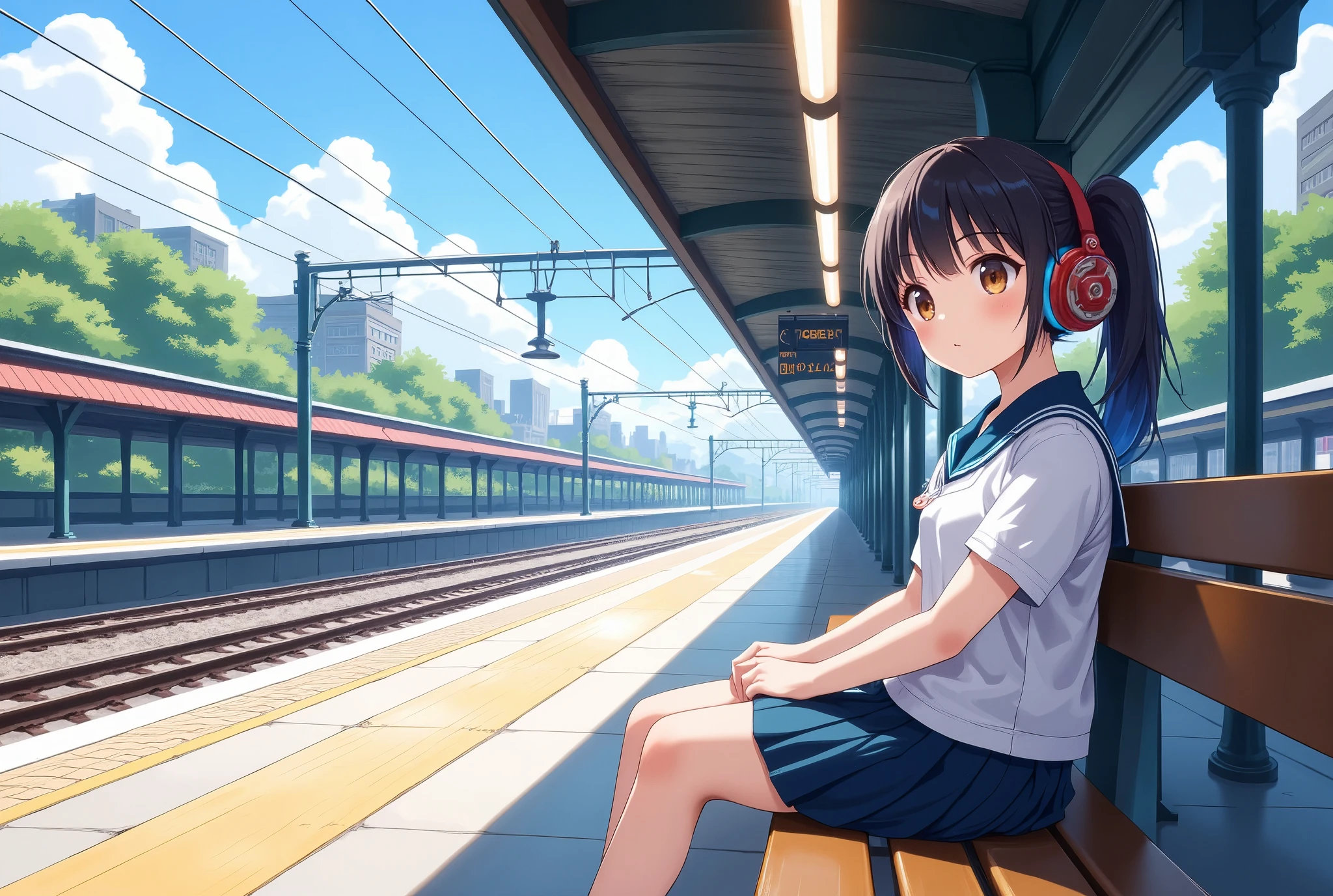 1girl\(cute, kawaii, small kid, black hair with blue underneath, pony tail hair, long hair, brown eyes, big eyes, sitting on a bench, waiting for train, headphone, JK, highschool student, looking away, boring\), trainstation in japan, view from above,, wide angle of view, landscape, panoramic view, anime style, cinematic