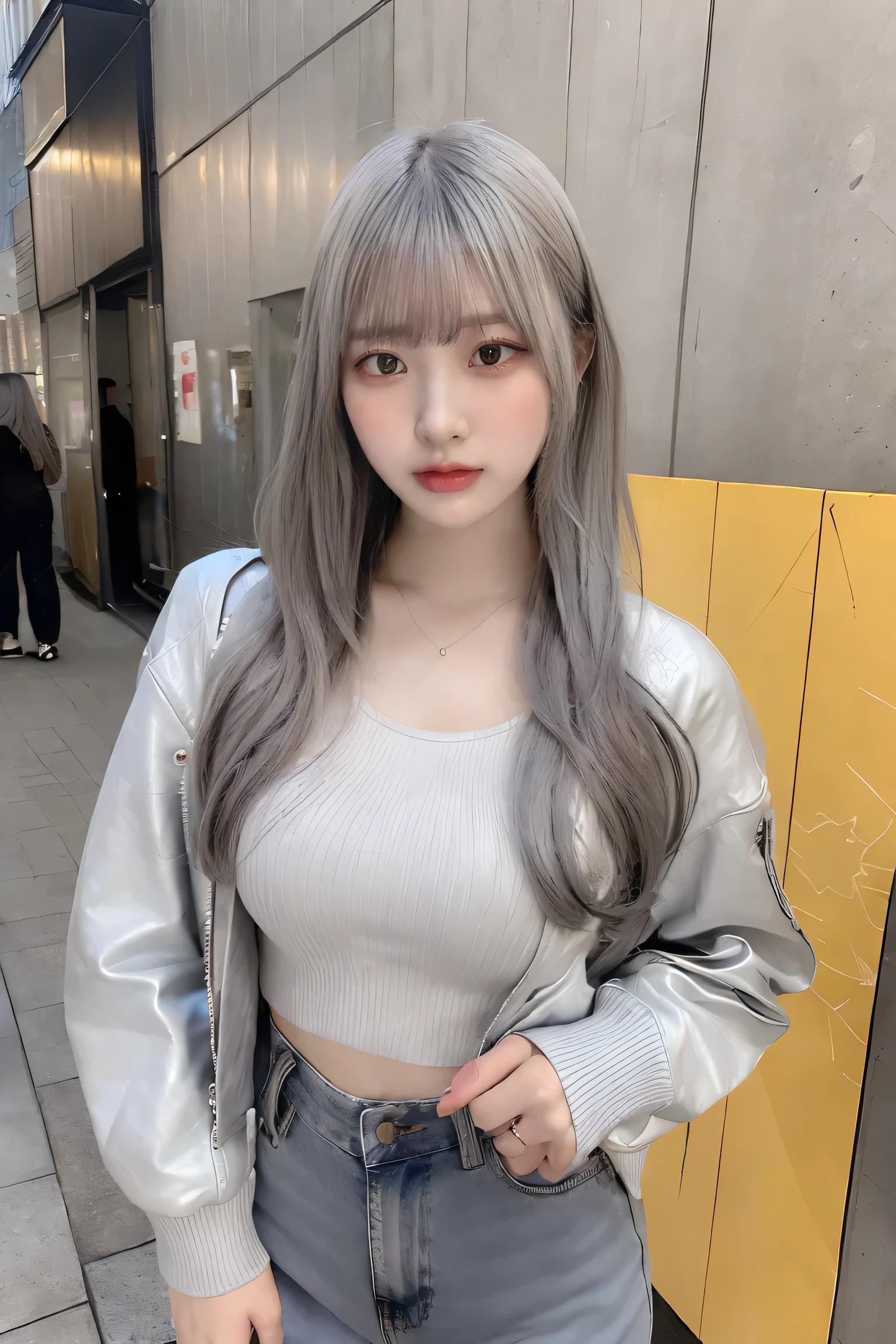 ((((light amber and gray hair)))), ,(((light amber and gray hair))) ,{{light silver and light gray hair}} ,(((light amber and gray hair))),{{light amber and gray}},((((light amber and gray hair)))), ,(((light amber and gray hair))) ,{{light silver and light gray hair}} ,(((light amber and gray hair))),{{light amber and gray}},(((blunt bangs))),((((light amber and gray hair)))), ,(((light amber and gray hair))) ,{{light silver and light gray hair}} ,(((light amber and gray hair))),{{light amber and gray}},(((blunt bangs))),{{light amber and gray}}, ((light amber and gray hair)),(Woman standing in front of graffiti wall at night),(masterpiece, highest quality, Realistically, work, Very detailed, 8k), ((Wide-angle lens, Full body woman love)), 1 girl,light makeup,exquisite features,exquisite crystal jewelry,Heart-shaped necklace,,Correct finger structure,Leather shoes,Long legs,Frontal standing posture ,Full body portrait,skyscrapers are hazy、(The wind blows up my skirt)、 (((slim and beautiful legs))),(((((long hair))))),(((((long hair))))), (((Super big breasts))),(((((showing leg))))),(((solo))),1girl,((((real clothes)))),(((cool style clothes with design, reasonable clothing))),(((exquisite fashion outfits)))、Shooting for one person only、modelshoot、Autumn outfit、Fashionable clothes、Beautiful Eyes of Details、student clothes、very elongated eyes、Beautiful eyelashes、Beautiful double eyelids、very slender legs、Shorthair with light brown hair、very slender physique、Gray walls,(((cool style clothes))),(((A cool outfit, a white top with letters on it, jeans, baggy pants, and a leather long sleeve oversized jacket))), (((super big breast , long hair)))