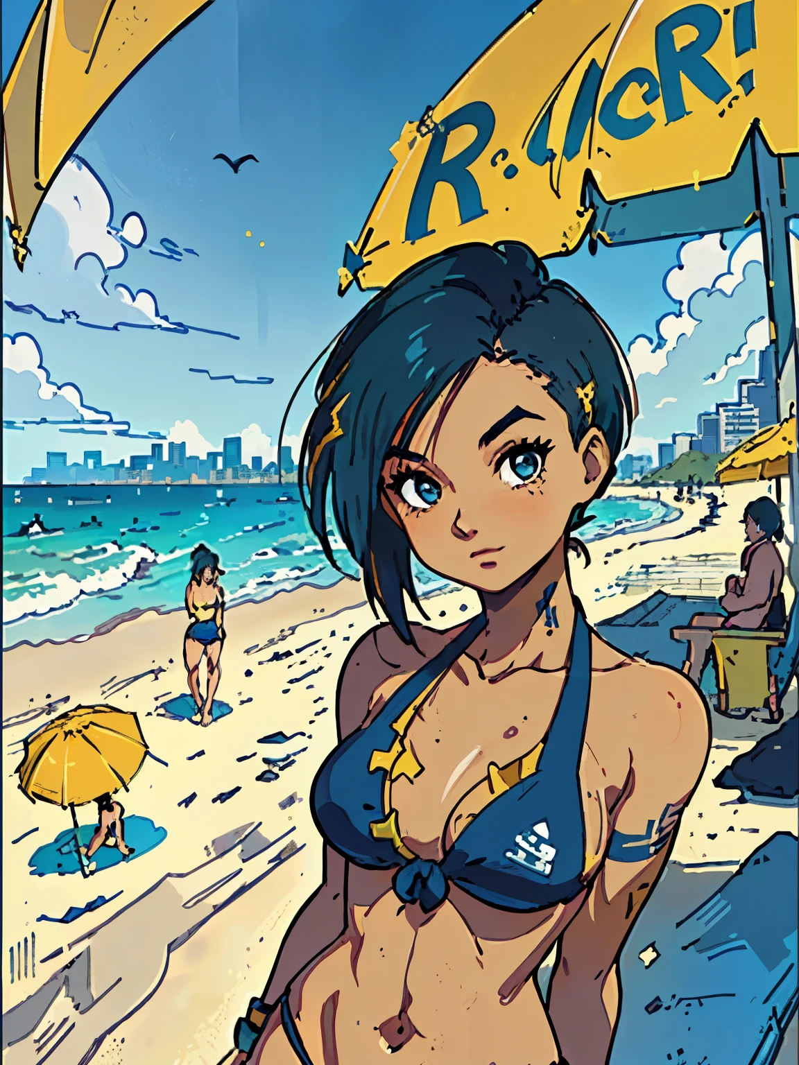 (masterpiece, best quality:1.3), 1girl, Judy Alvarez, front body, (front view:1.3), (upper body:1.5), (tanned skin:1.2), medium breasts, (blue colored bikini with yellow accents:1.3), contrapposto, (beach with a view of the city:1.3), early evening, clouds, toriyama akira