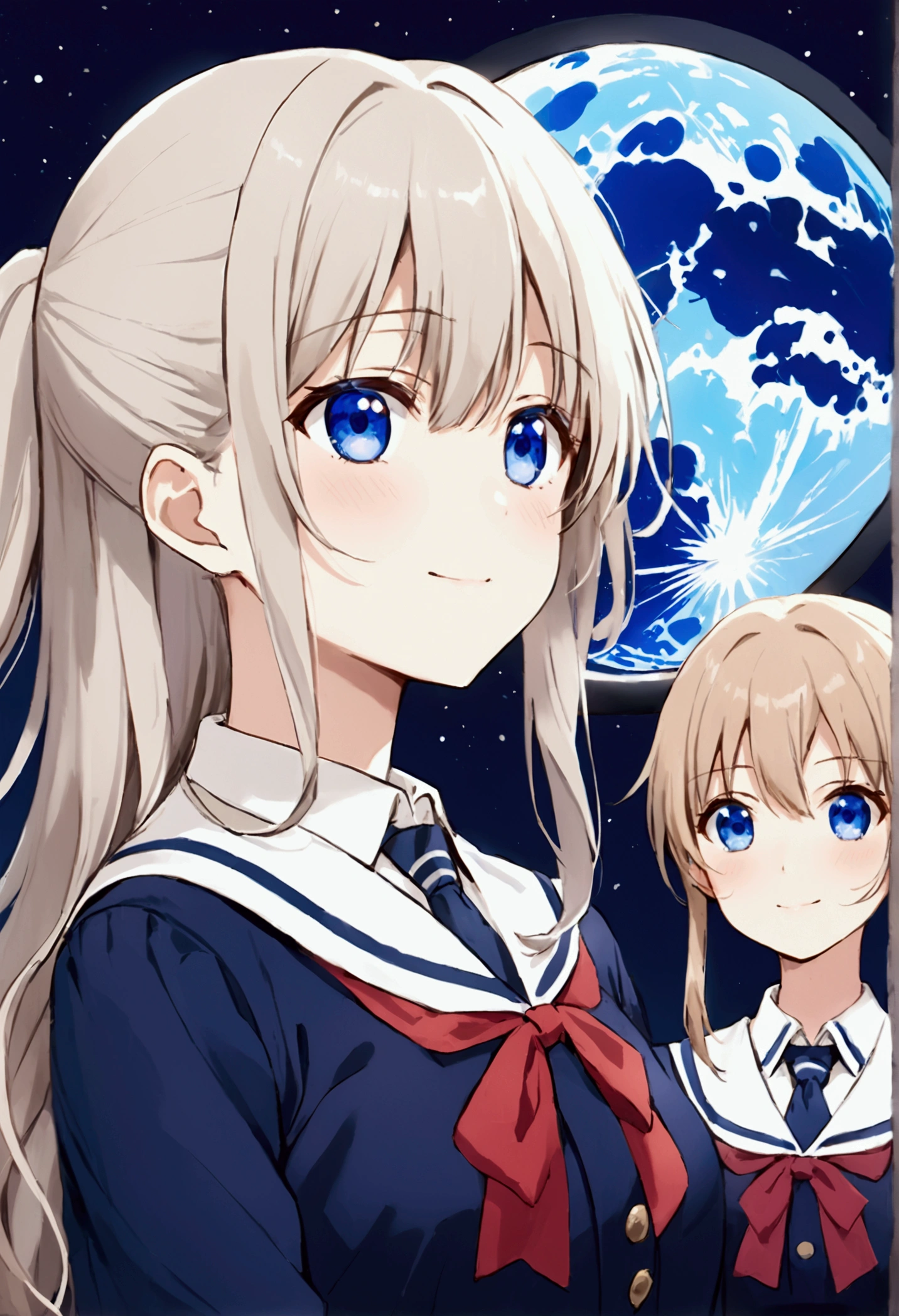 Three of her. Mirroring Clone Tomori Nao. Three of Tomori Nao. Anime girls Charlotte Tomori Nao. ,long light brown hair,to become uniform unique blue color eyes, I smile, Simple background, Great job, precise, Anatomy is correct, Best quality,   Side view looking at starry night sky (All the girls have the exact same face, The two have the same face and figure, as if they were mirror images.)