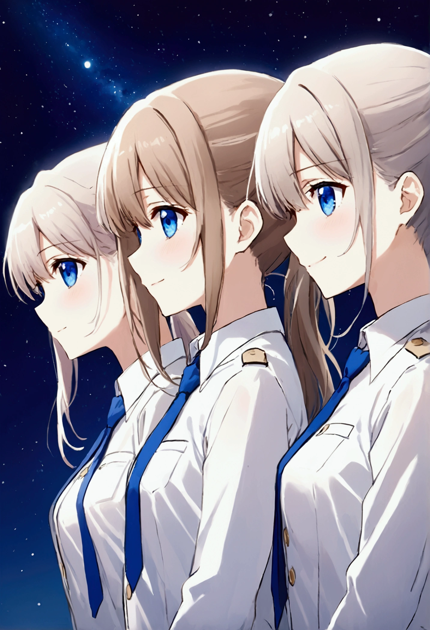 Three of her. Mirroring Clone Tomori Nao. Three of Tomori Nao. Anime girls Charlotte Tomori Nao. ,long light brown hair,to become uniform unique blue color eyes, I smile, Simple background, Great job, precise, Anatomy is correct, Best quality,   Side view looking at starry night sky (All the girls have the exact same face, The two have the same face and figure, as if they were mirror images.)