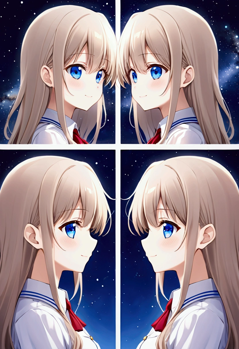 Three of her. Mirroring Clone Tomori Nao. Three of Tomori Nao. Anime girls Charlotte Tomori Nao. ,long light brown hair,to become uniform unique blue color eyes, I smile, Simple background, Great job, precise, Anatomy is correct, Best quality,   Side view looking at starry night sky (All the girls have the exact same face, The two have the same face and figure, as if they were mirror images.)