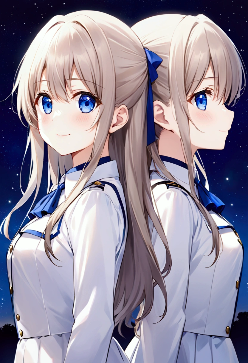 Three of her. Mirroring Clone Tomori Nao. Three of Tomori Nao. Anime girls Charlotte Tomori Nao. ,long light brown hair,to become uniform unique blue color eyes, I smile, Simple background, Great job, precise, Anatomy is correct, Best quality,   Side view looking at starry night sky (All the girls have the exact same face, The two have the same face and figure, as if they were mirror images.)