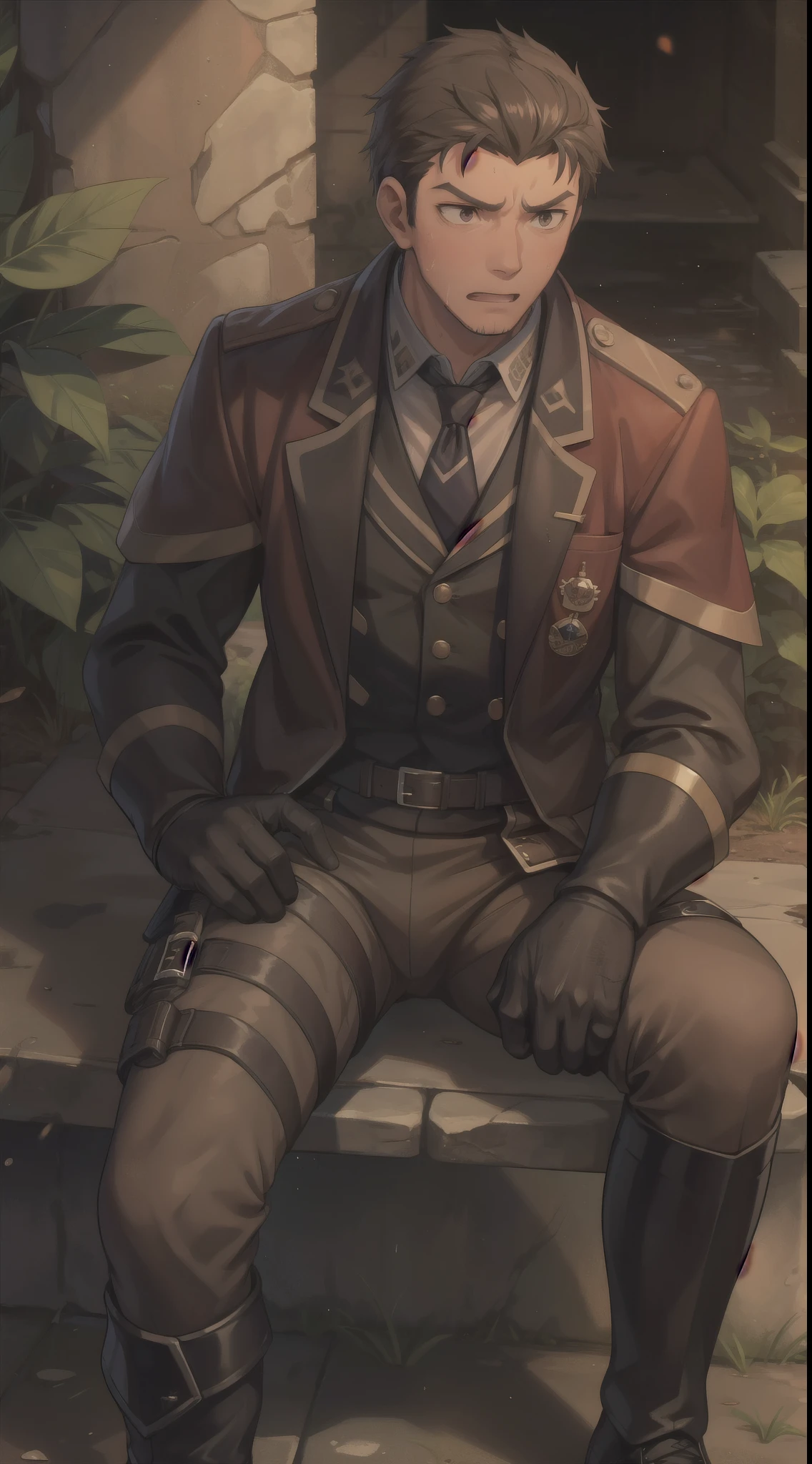 Hector Fay, Ultra high quality cg, solitary, Looking at the audience, Open your mouth, Sweating, Wet, Drooling, Gloves, 1 man, whole body, Sitting astride，Male focus, tie，shirt， military uniform，Military Pants，A holster on his thigh，Wearing dirty combat boots
