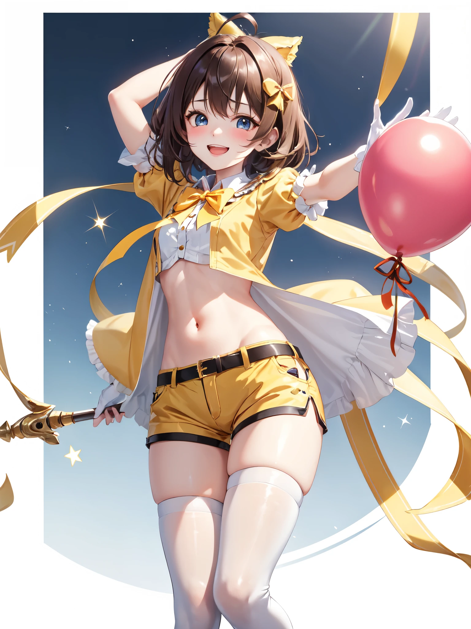 suou momoko, triangle circle, 1girl, smile, blue eyes, balloon, looking at viewer, brown hair, grin, idol, ahoge, blush, thighhighs, boots, short sleeves, white footwear, hair bow, idol clothes, v, single thighhigh, eyebrows visible through hair, navel, short hair, medium hair, frills, sparkle, white legwear, pointing, standing, orange bow, standing on one leg, clothing cutout, teeth, knee boots, outstretched arm, yellow bow, puffy sleeves, light brown hair, orange neckwear, foreshortening, white jacket, coattails, leg up, artist name, open mouth, clenched hand, white bow, wavy hair, asymmetrical legwear, navel cutout, uneven legwear, white shirt, collared shirt, puffy short sleeves, orange bowtie, green neckwear, yellow neckwear, back bow, hair ribbon, star hair ornament, white shorts, short shorts, white vest, white gloves 