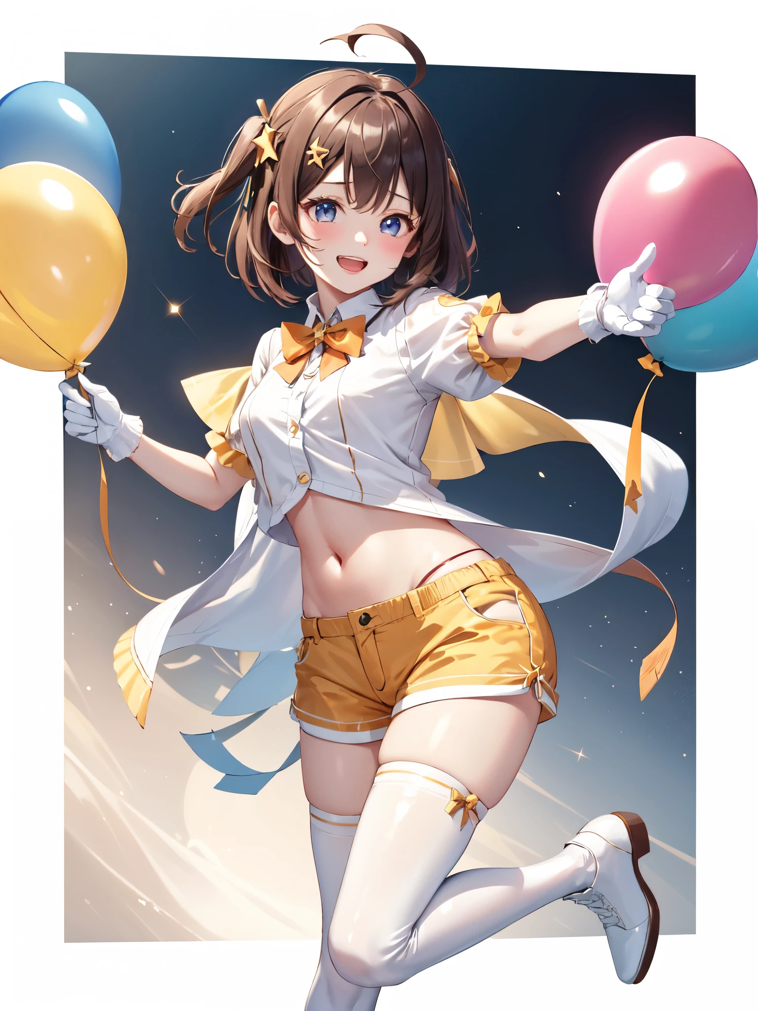 suou momoko, triangle circle, 1girl, smile, blue eyes, balloon, looking at viewer, brown hair, grin, idol, ahoge, blush, thighhighs, boots, short sleeves, white footwear, hair bow, idol clothes, v, single thighhigh, eyebrows visible through hair, navel, short hair, medium hair, frills, sparkle, white legwear, pointing, standing, orange bow, standing on one leg, clothing cutout, teeth, knee boots, outstretched arm, yellow bow, puffy sleeves, light brown hair, orange neckwear, foreshortening, white jacket, coattails, leg up, artist name, open mouth, clenched hand, white bow, wavy hair, asymmetrical legwear, navel cutout, uneven legwear, white shirt, collared shirt, puffy short sleeves, orange bowtie, green neckwear, yellow neckwear, back bow, hair ribbon, star hair ornament, white shorts, short shorts, white vest, white gloves 