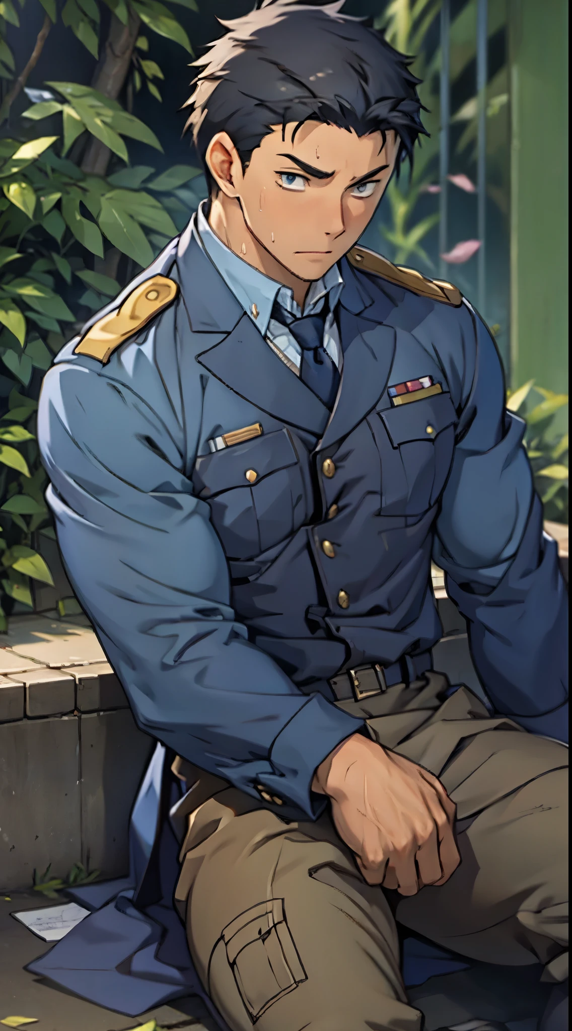 Hector Fay, Ultra high quality cg, solitary, Looking at the audience, Open your mouth, Sweating, Wet, Drooling, Gloves, 1 man,, Male focus, tie，shirt， military uniform，Lie down with your legs open
