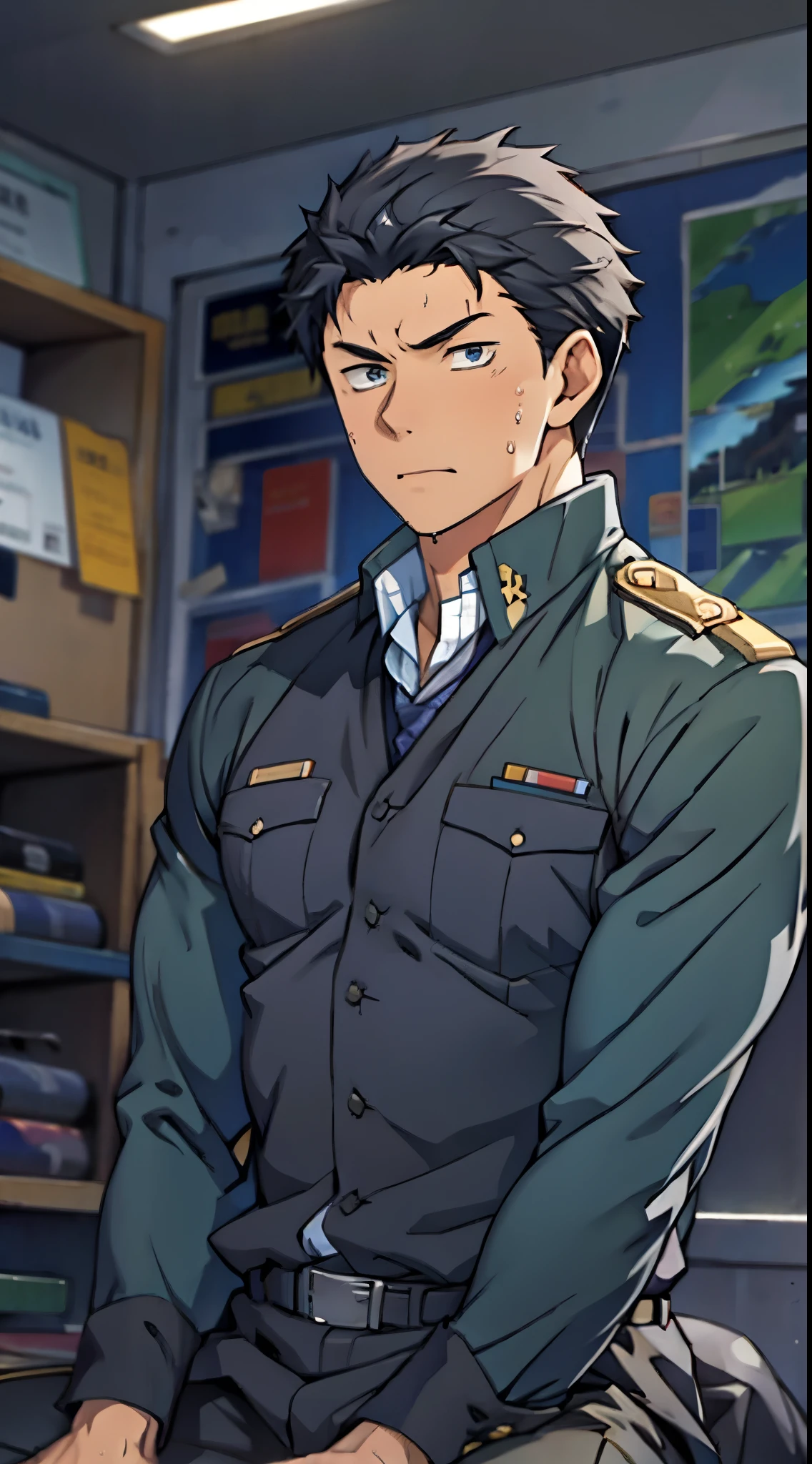 Hector Fay, Ultra high quality cg, solitary, Looking at the audience, Open your mouth, Sweating, Wet, Drooling, Gloves, 1 man,, Male focus, tie，shirt， military uniform，Lie down with your legs open
