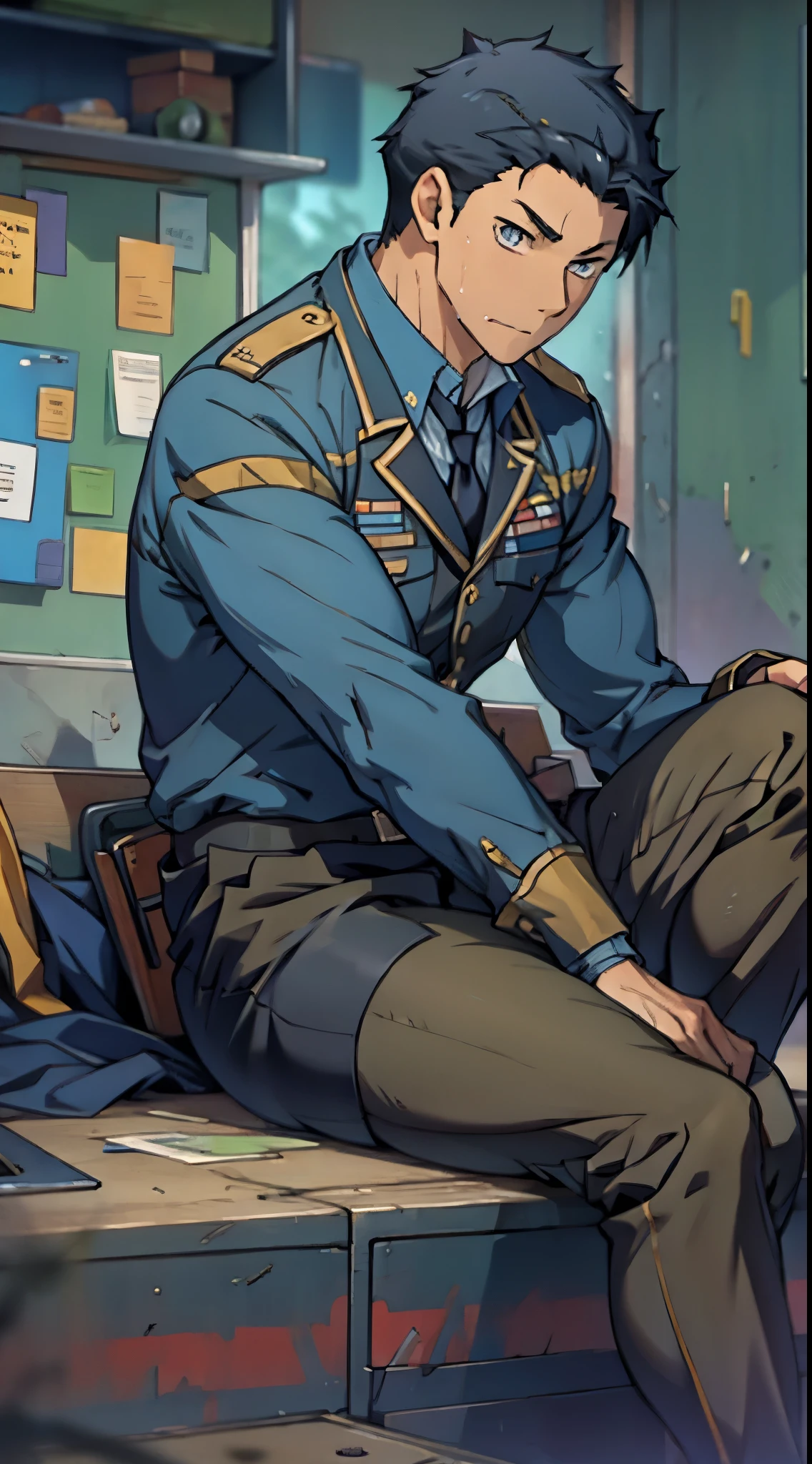 Hector Fay, Ultra high quality cg, solitary, Looking at the audience, Open your mouth, Sweating, Wet, Drooling, Gloves, 1 man,, Male focus, tie，shirt， military uniform，Lie down with your legs open
