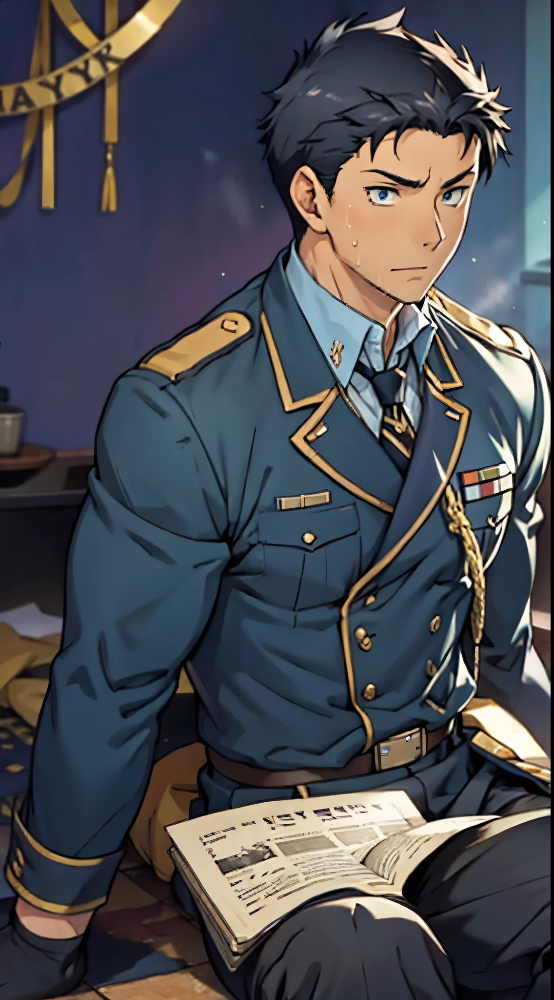 Hector Fay, Ultra high quality cg, solitary, Looking at the audience, Open your mouth, Sweating, Wet, Drooling, Gloves, 1 man,, Male focus, tie，shirt， military uniform，Lie down with your legs open
