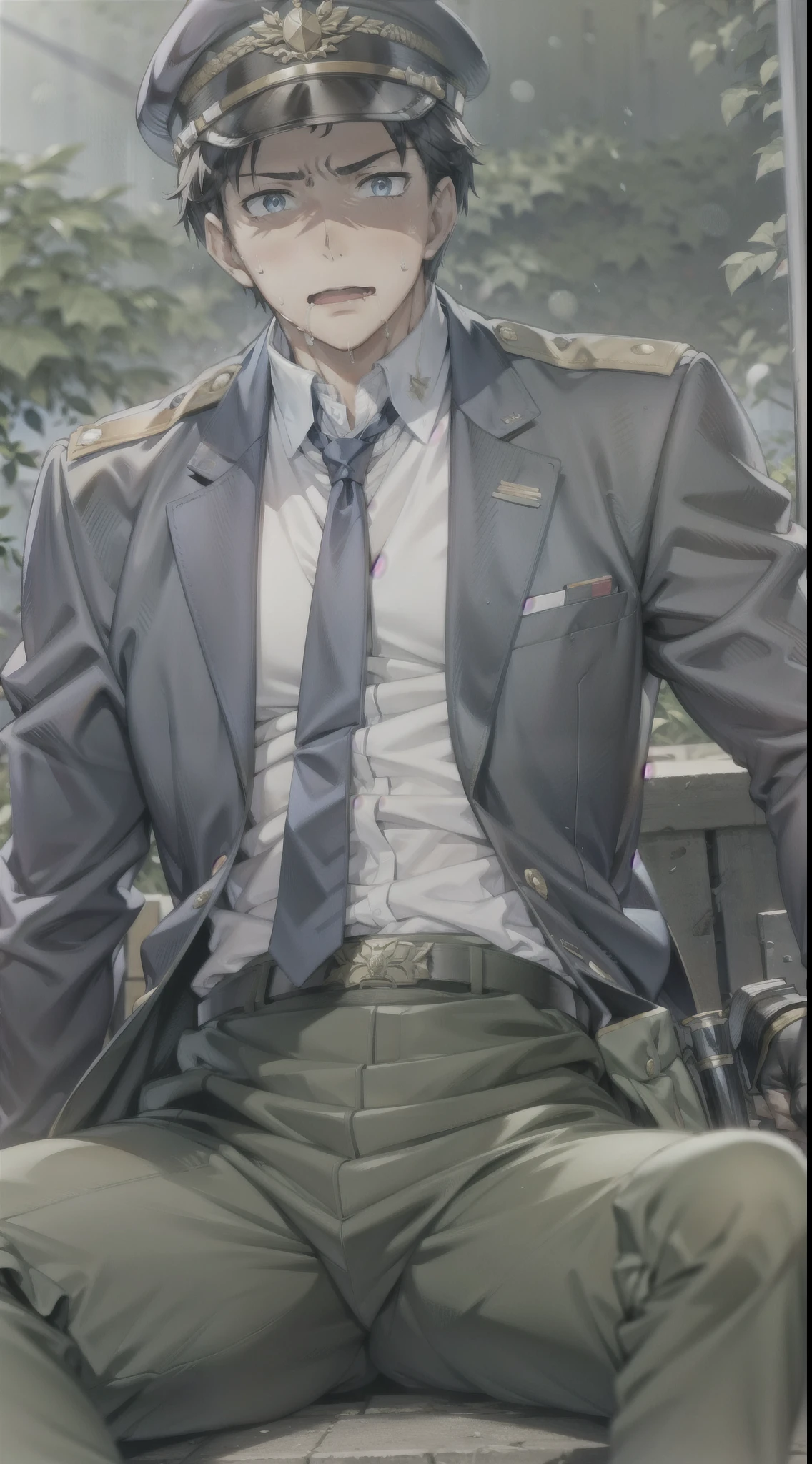 Hector Fay, Ultra high quality cg, one person, Looking at the audience, Open your mouth, Sweating, Wet, Drooling, Gloves, 1 man,,whole body， Male focus, tie，shirt， military uniform，Lie down with your legs open，Thigh-wrap holster
