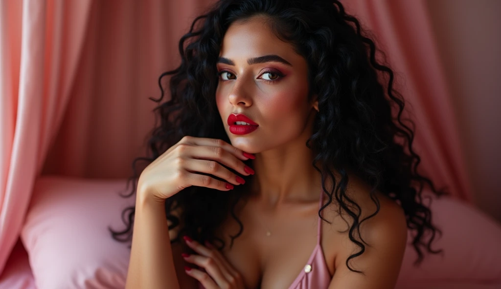 (best quality,8k,realistic,masterpiece:1.2),ultra-detailed,cinematic lighting portrait,colombian model,22 years old,170 cm tall,medium to big,natural,sexy,pink to red wavy hair, golden eyes, detailed skin,round face,big tits, latina