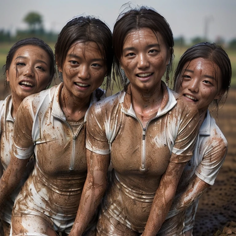 a beautiful naked jomon girl, sweaty, athletic body, and hairy armpits, being carried by two women