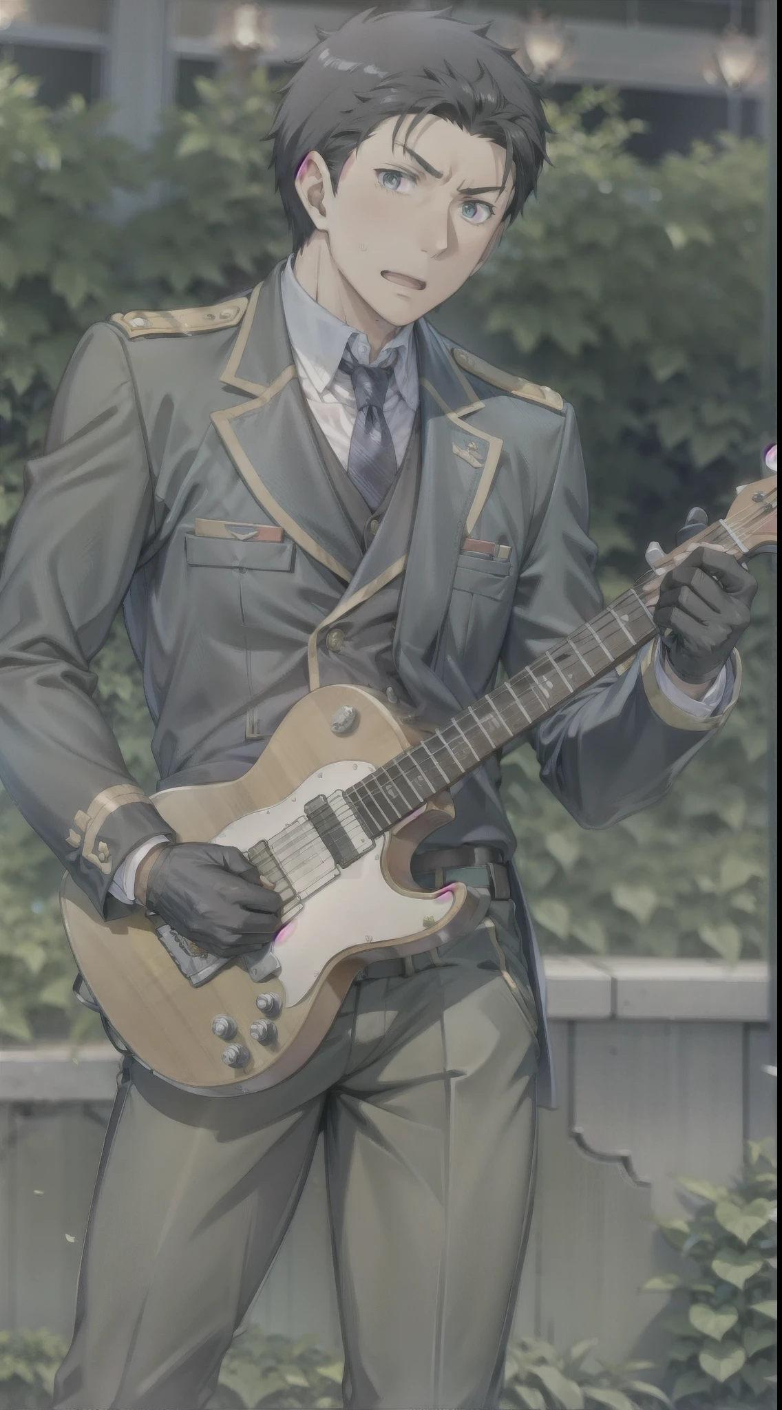 Hector Fay, Ultra high quality cg, A group of people, rock band, Looking at the audience, Gloves, Multiple men,,whole body， Male focus, tie，shirt， military uniform，Playing guitar，Concert