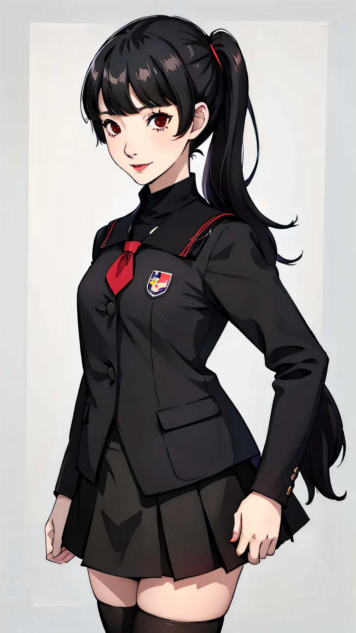 1 girl, piggytails, black hair,bangs, red eyes, black lipstick, face portrait, schoolgirluniform, side face, schoolbackground, smile, skirt, stockings, flat chest, shy face, petit