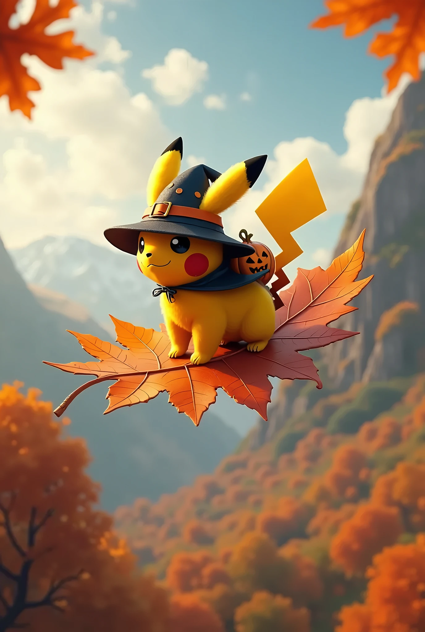 Pikachu dressed for Halloween flies through the sky on a giant autumn leaf,overlooking,(magnificent panorama view:1.3),