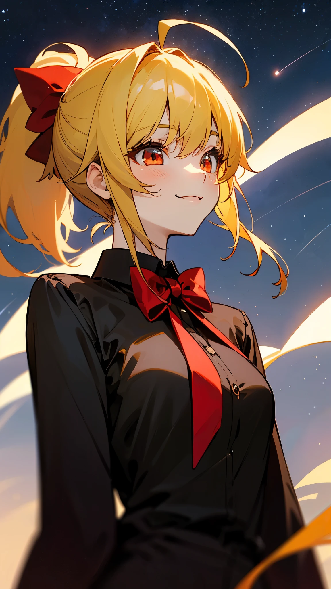 Anime girl with blonde hair and red bow in front of a starr sky - SeaArt AI