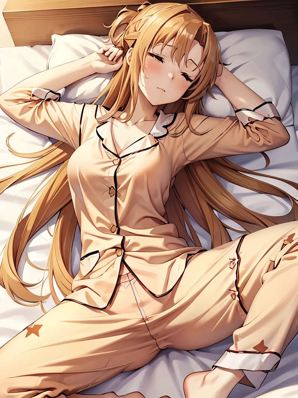 ((masterpiece)), ((Best Quality)), (Super detailed), ((Very detailed)), indoor、4K, (8k), Best Quality, (beautiful), Anime Style, Full Body Shot, Full Body Focus, bedroom, (((Asuna, Star))), ((good, pajamas)), ((beautiful orange eyes)), Large Breasts, (sleeping face,  sweat,Closed Mouth,),(Sleep on your back,Spread your legs, pajamas:1.5), Shine, pants