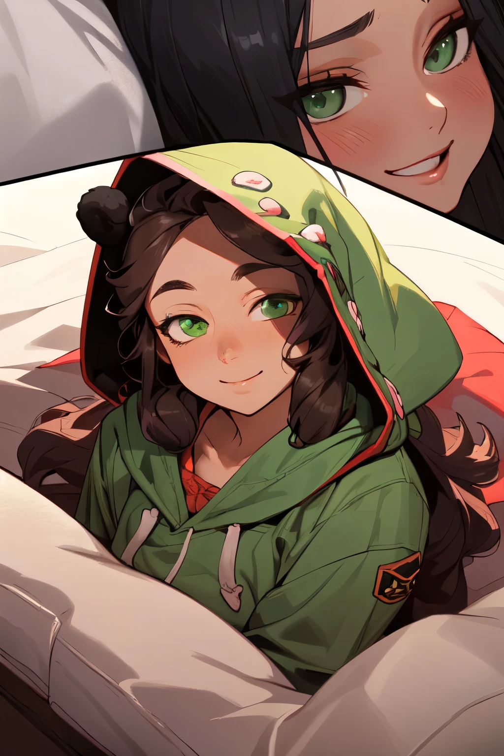 beautiful, (masterpiece), best quality, (extremely detailed face), extremely detailed eyes,  perfect lighting, OverallDetail, detailed, deep skin,textured skin,
,bear costume ,black bear costume, long sleeves, hood up,,mallow , long hair, green eyes, big smile,on bed ,sitting between pillows,
,