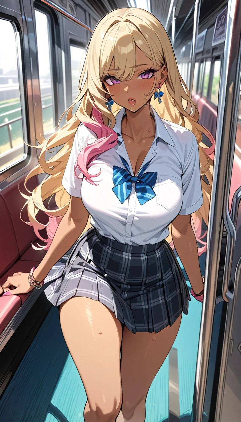 1scene,high quality,Super High resolution,High resolution illustration,masterpiece,Extremely detailed,Blonde HAIR,High resolution,Japanese,gyaru make,pink eyeliner,pink lip,earrings,(beautyfull girl has grossy lips ) ,school uniform,leopard print underwear,saliva,sweat,Medium chest,black tan skin,Fascinating,Beautiful curves,Long and complicated hair,Mole under the eye,to walk pigeon-toed,in the train