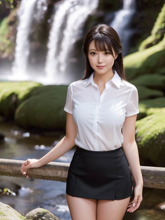 (8k, highest quality, masterpiece:1.2), (Realistic, Realistic:1.37), Super detailed, One woman, whole body, Landscape with a waterfall, (Long Hair:1.5) office lady, White Office Blazer, Cleavage, Synthetic leather super mini skirt, (Fishnet Pantyhose: 1.2), Alpha Layer, High heels, Beautiful earrings, cute, alone, Beautiful detailed mountain forest, (smile: 1.15), (Mouth closed), Huge breasts, 美しいcute目, Tight Suit, (Long Hair: 1.3)