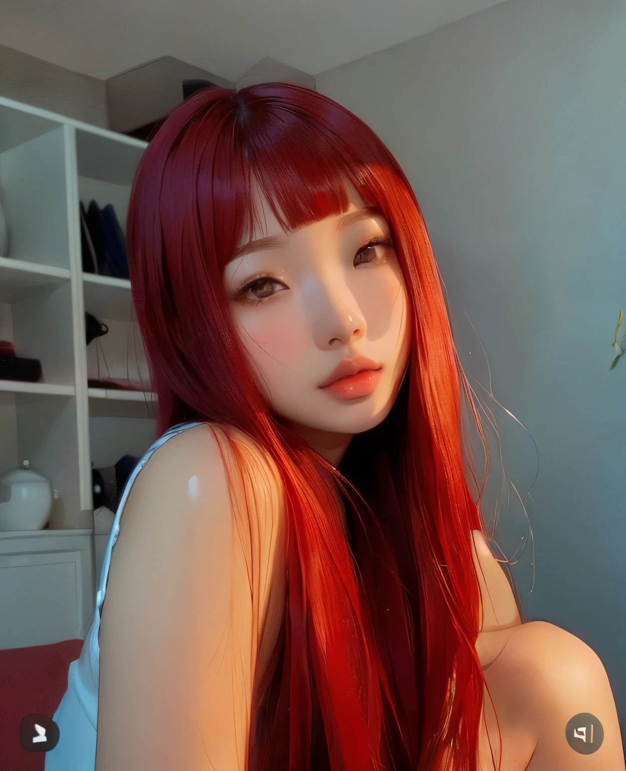 1girl, star eye, blush, perfect illumination, red hair, red eyes, unreal engine, sidelighting, detailed face, bangs, bright skin, simple background, dark background, full body image in a bedroom floor, naked, (small )