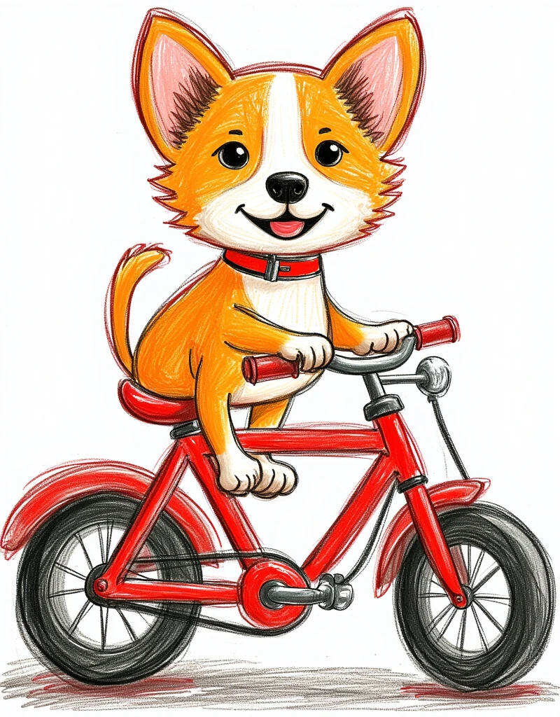 8k，Bright colors，Bright，Ultra high saturation，RGB Color，Imagine a cute little corgi，The front paws rest lightly on the small pedals of the bicycle，Curiosity and expectation flash in the eyes。Although cats are not suitable for riding bicycles，But this does not prevent it from imitating human movements，Try turning the pedals。Every time its little feet gently sway，It makes people laugh。perhaps，This is just a puppy&#39;s fantasy game，Puppy learning to ride a bike，Not only a fun show，It is also an exploration of the infinite possibilities of life.，Stick Figure，Simple doodle，Poor painting skills，Crayon Drawing，Fairy tale style，Pure white background