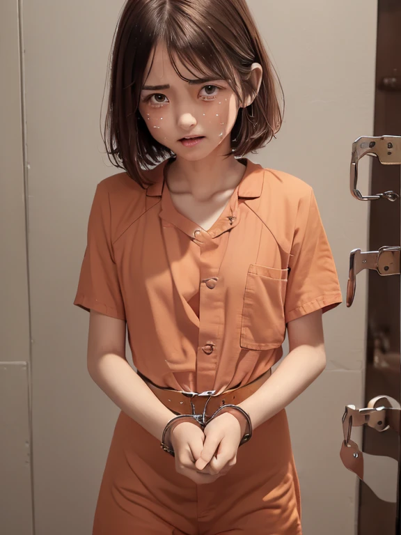 solo girl,((Realistic very cute japanese anorexic girl is crying after being aressted with handcuffs:1.4)),(((transport Belt:1.5))),(((handcuffs:1.3))),((open mouth)),((looking at viewer)),((furrowed brow)),(((in dark and small prison cell)),4K, 8K, (Masterpiece, best quality:1.2), ((perfect face)),20years old,(((thin girl:1.7))),(((skinny girl:1.7))),(((slim girl:1.7))),((flat chest)),((small breasts)),shinny white skin,Narrow waist,(((wearing prisoner clothes))),(((dark brown short hair))),(((cowboy shot)))