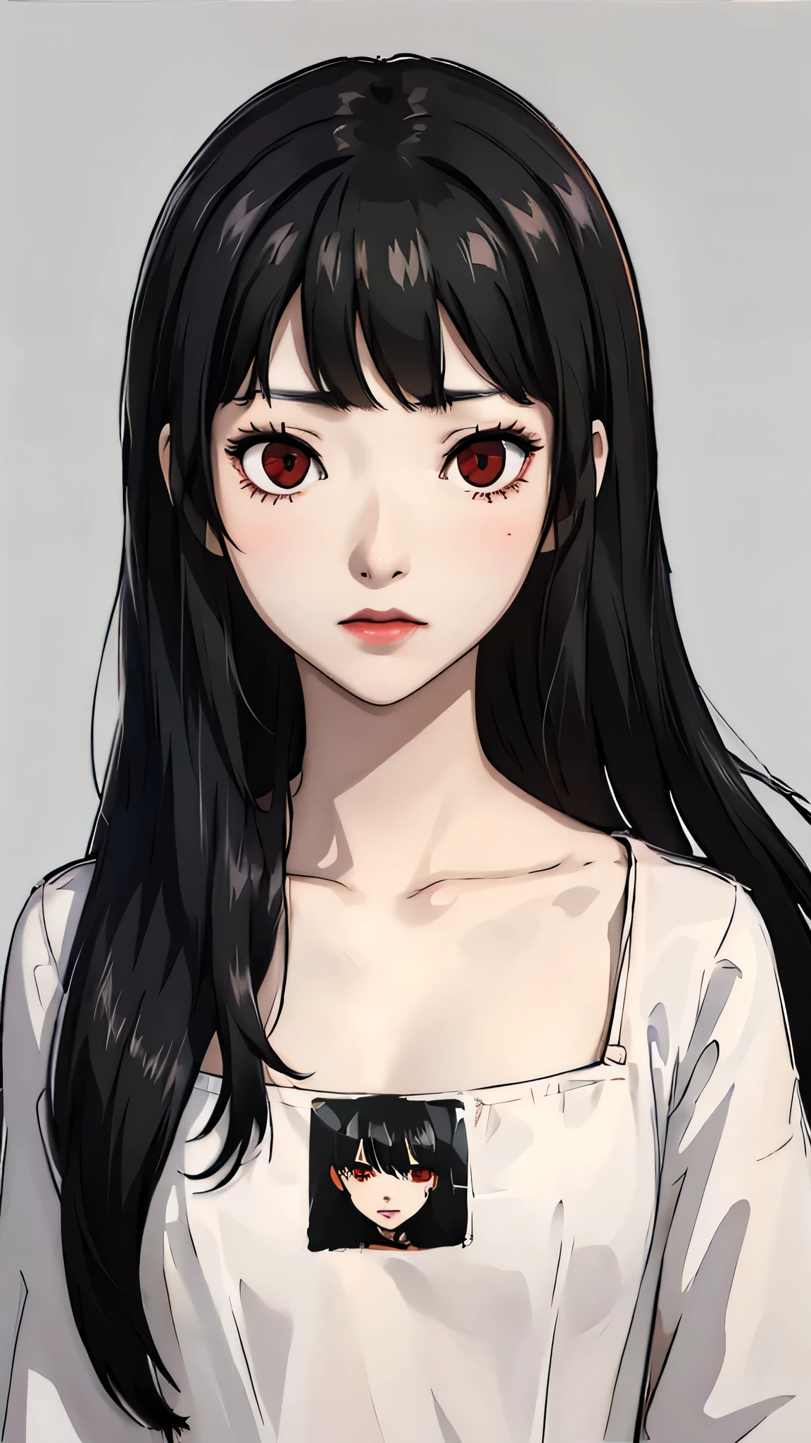 1 girl, long hair, black hair,bangs, red eyes, black lipstick, face portrait, shirt, front face portrait, flat chest, shy face, petit