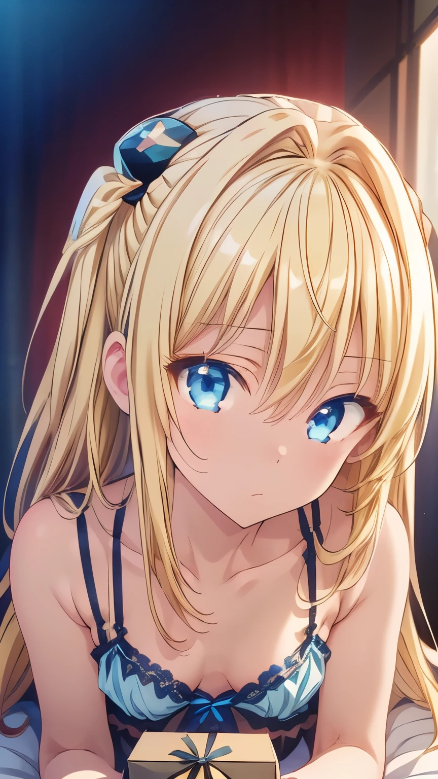 toloverumy, my, blonde hair, long hair, (blue eyes:1.5), hair ornaments, (small box:1.2), break lingerie, break indoors, bed, break looking at viewer, break (masterpiece:1.2), highest quality, High resolution, unity 8k wallpaper, (figure:0.8), (detailed and beautiful eyes:1.6), highly detailed face, perfect lighting, Very detailed CG, (perfect hands, perfect anatomy),