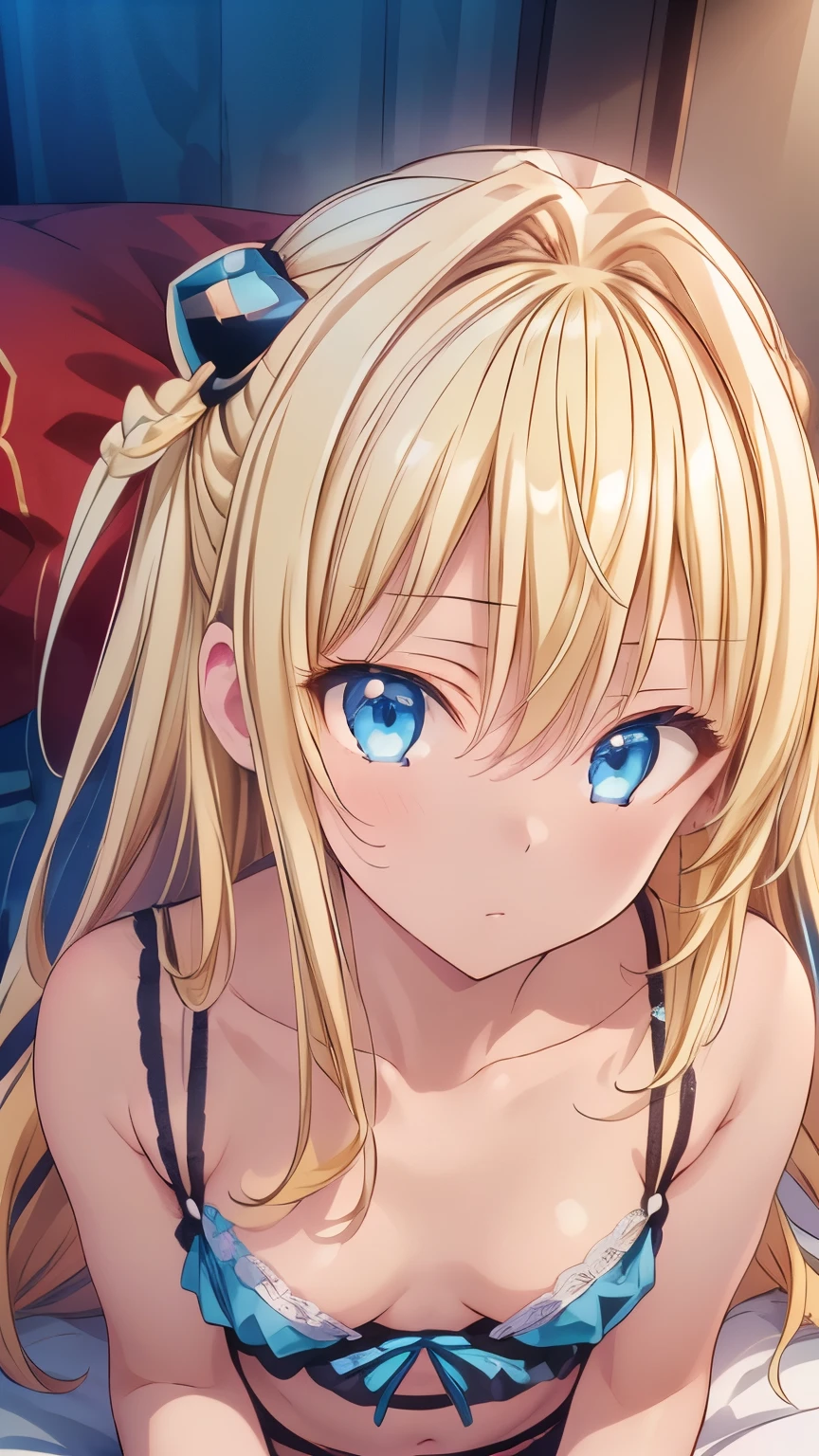 toloverumy, my, blonde hair, long hair, (blue eyes:1.5), hair ornaments, (small box:1.2), break lingerie, break indoors, bed, break looking at viewer, break (masterpiece:1.2), highest quality, High resolution, unity 8k wallpaper, (figure:0.8), (detailed and beautiful eyes:1.6), highly detailed face, perfect lighting, Very detailed CG, (perfect hands, perfect anatomy),