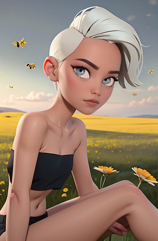 (sunny theme:0.6), glucose, 1 girl, mature and rough face, old age on the face, One, short hair, in the apartment, Drone Photography, In a black strapless bra, in a black bikini, expressive eyes, bare shoulders and arms, naked body, Long legs, sitting in a clearing, meadow, sexy legs (Paul Zizka:1.2), White hair, pomade, decrease, a bunch of flowers, flowers, bees close up, Sun, wound, I look at the viewer, gray eyes, Blurred, crop top, (meadow:1.3)(HDR:1.22), muted colors, complex background, hyper-detailed, art [[Jordan Grimmer]], clear drawing, 3D computer graphics