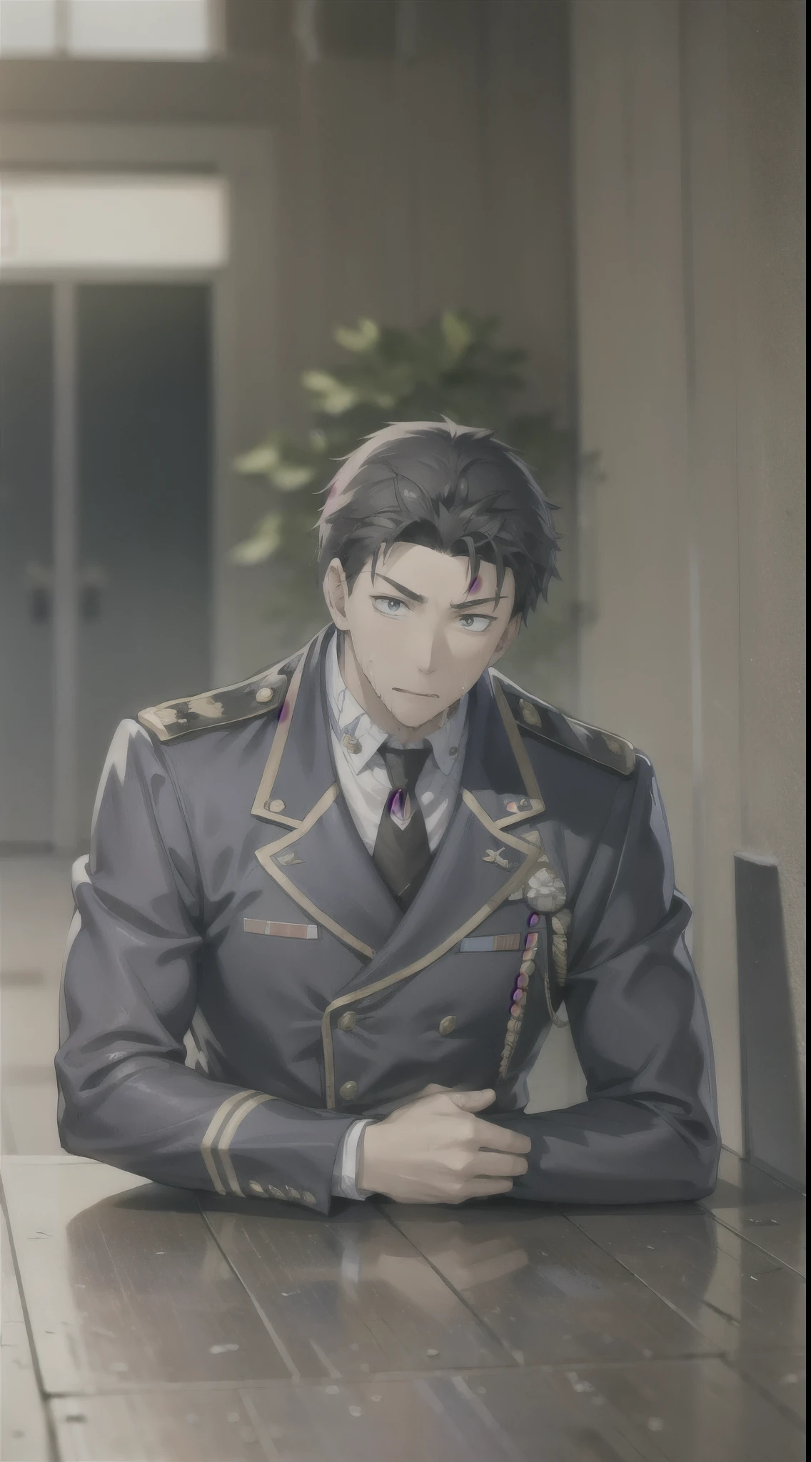 Hector Fay, Ultra high quality cg, solitary, Looking at the audience, Open your mouth, Sweating, Wet, Drooling, Gloves, 1 man,, Male focus, tie，shirt， military uniform，Lie down with your legs open
